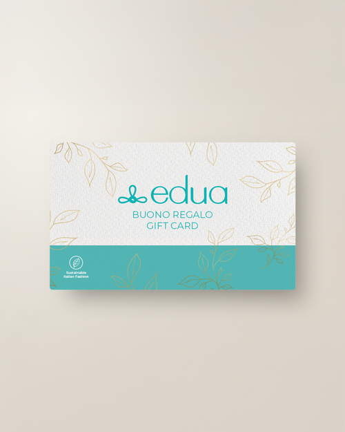 Buono regalo Edua Gift Card con grafica bianca e turchese su sfondo chiaro